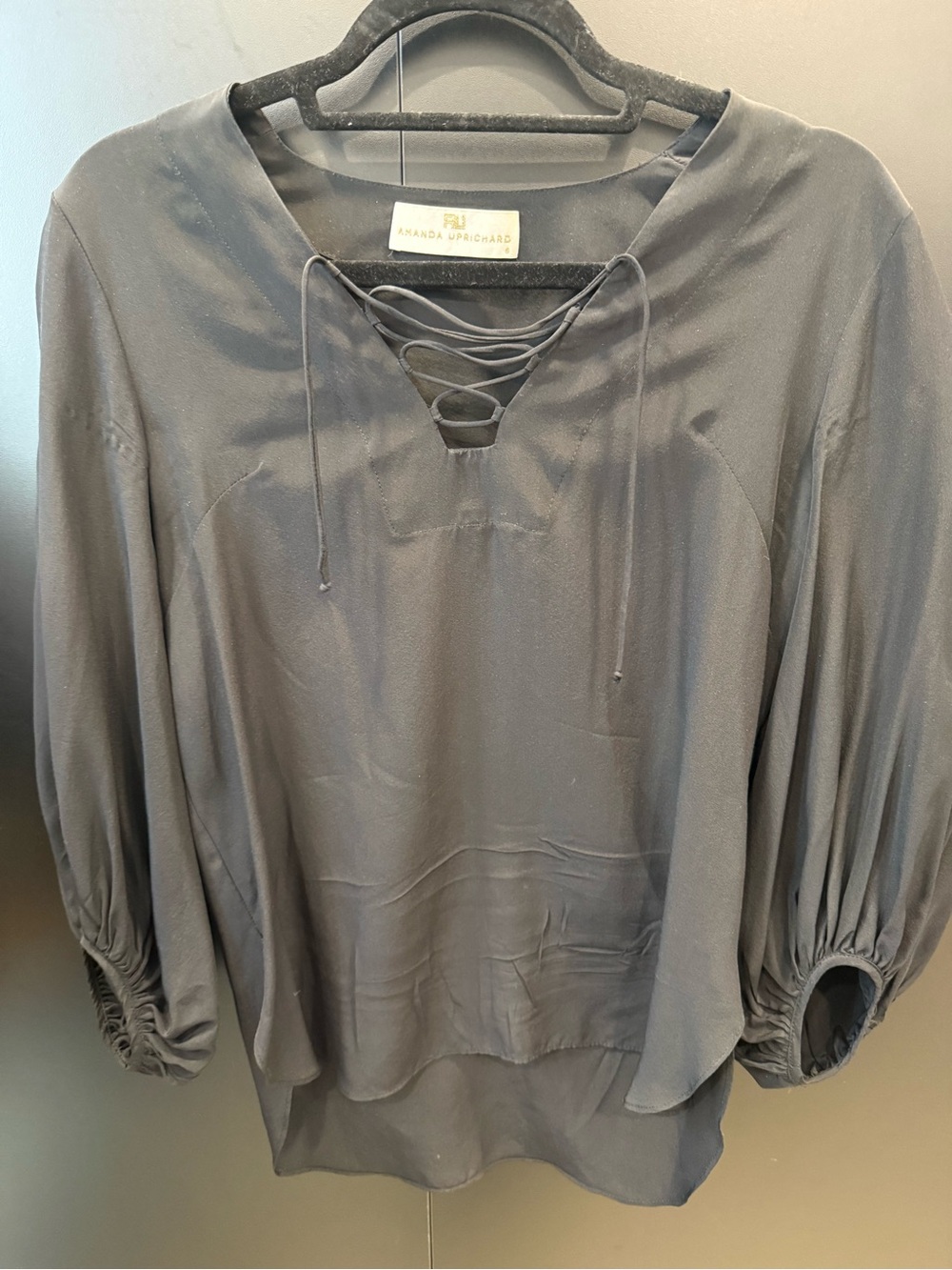Amanda Uprichard black blouse with front tie. Size Small